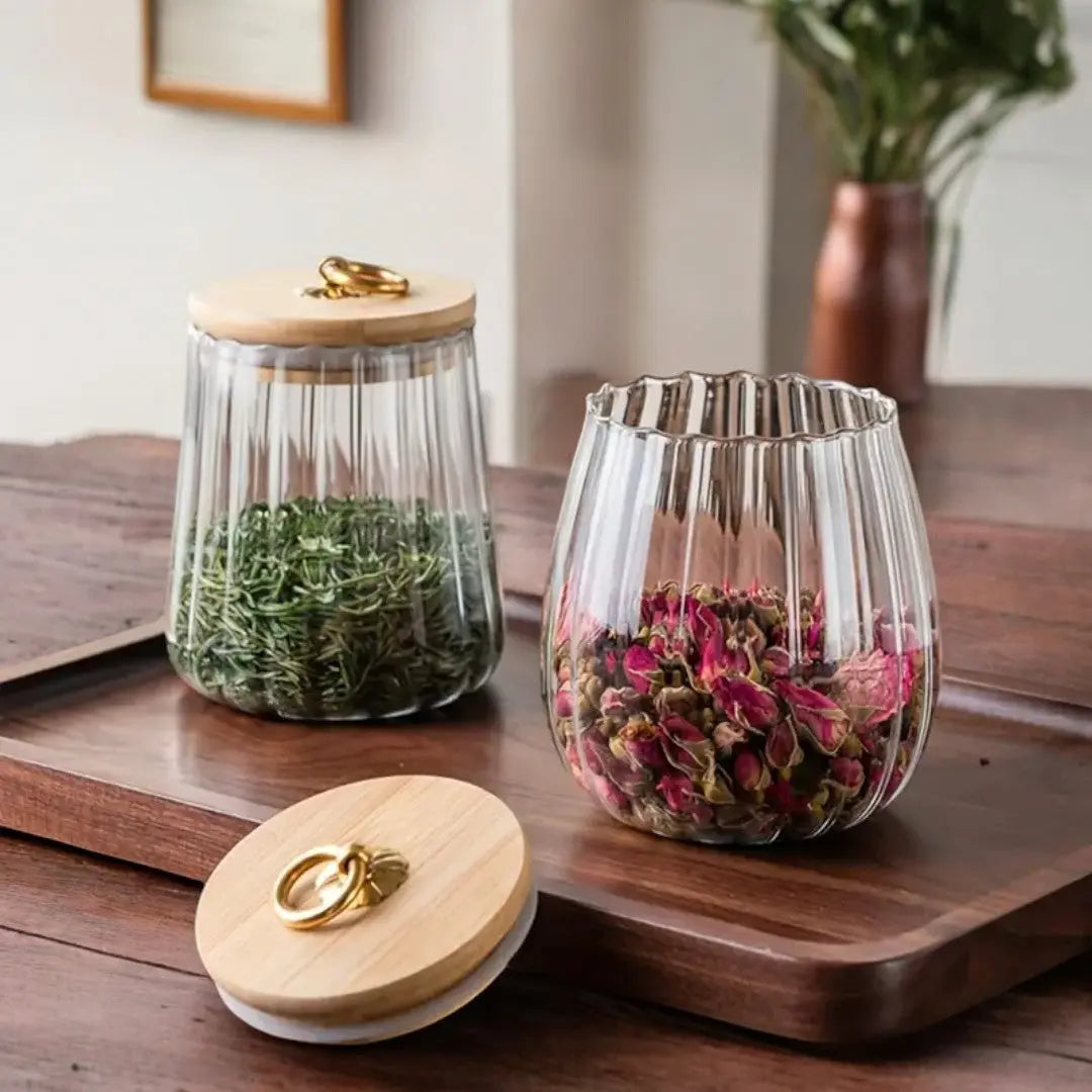 Glazen Voorraadpot Houten Deksel Goud Borosilicaat Thee Keuken Scandinavisch | Restfield